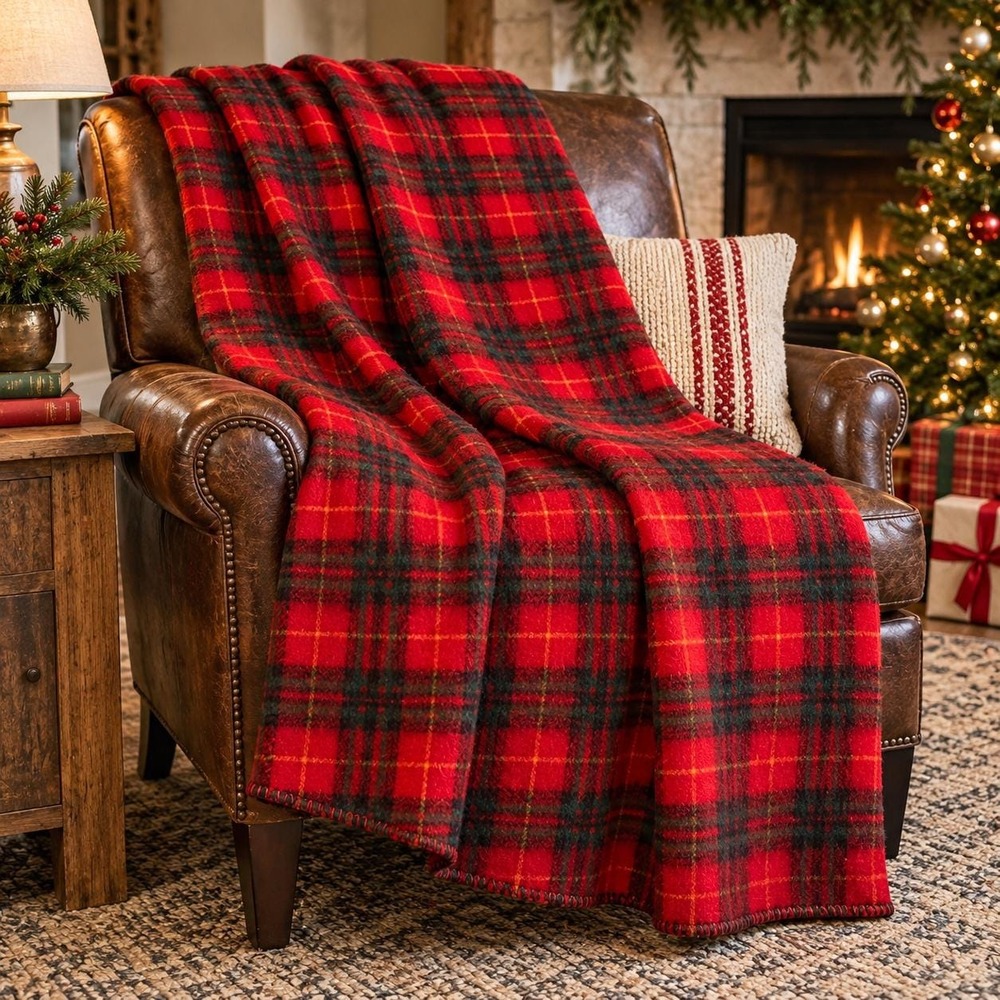 Vintage Wool Plaid Blanket Red Green Black Tartan Throw 55x72 Cabin Lodge Decor
